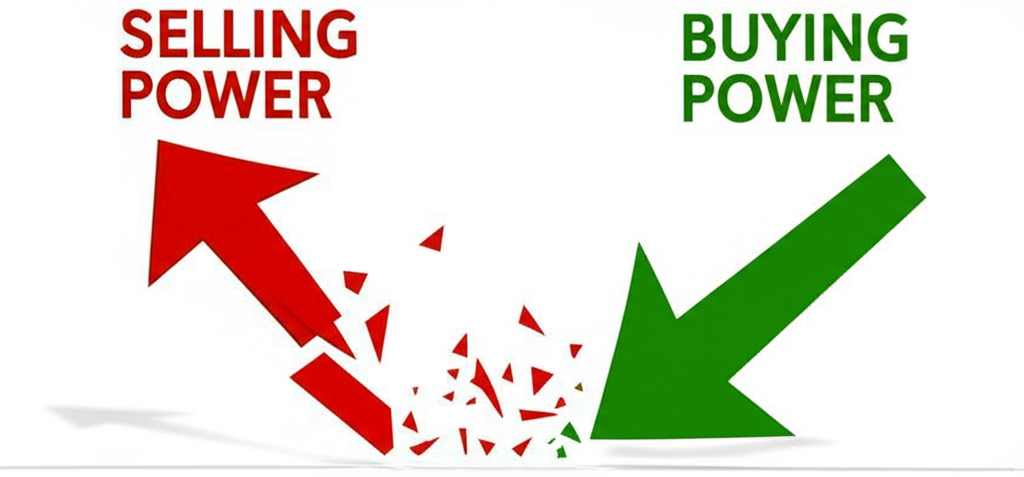 market dynamics with weakening selling power and accumulating buying power hinting at a market bottom and potential rebound