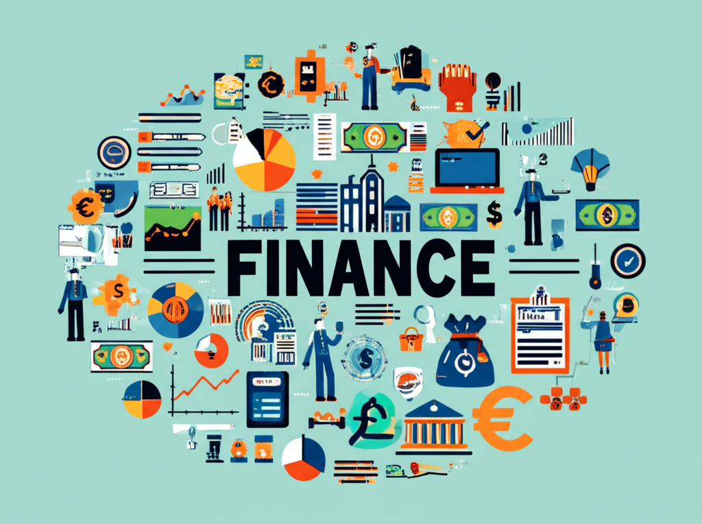 一個全面的資訊圖,包含金錢符號、圖表、建築物和人物,展示 Finance 在現代經濟與個人財富中的角色與應用