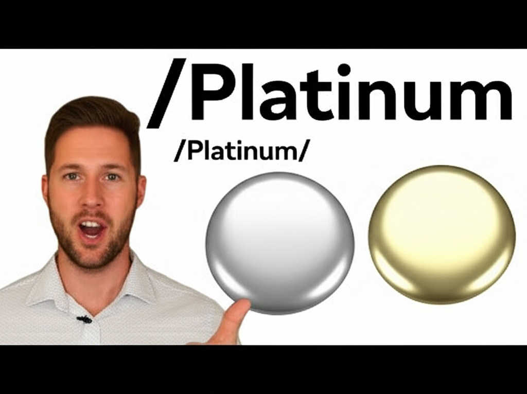 An illustration of a person confidently pronouncing Platinum with phonetic transcription hovering nearby and a clear visual distinction between natural platinum metal and white gold alloy shown side by side