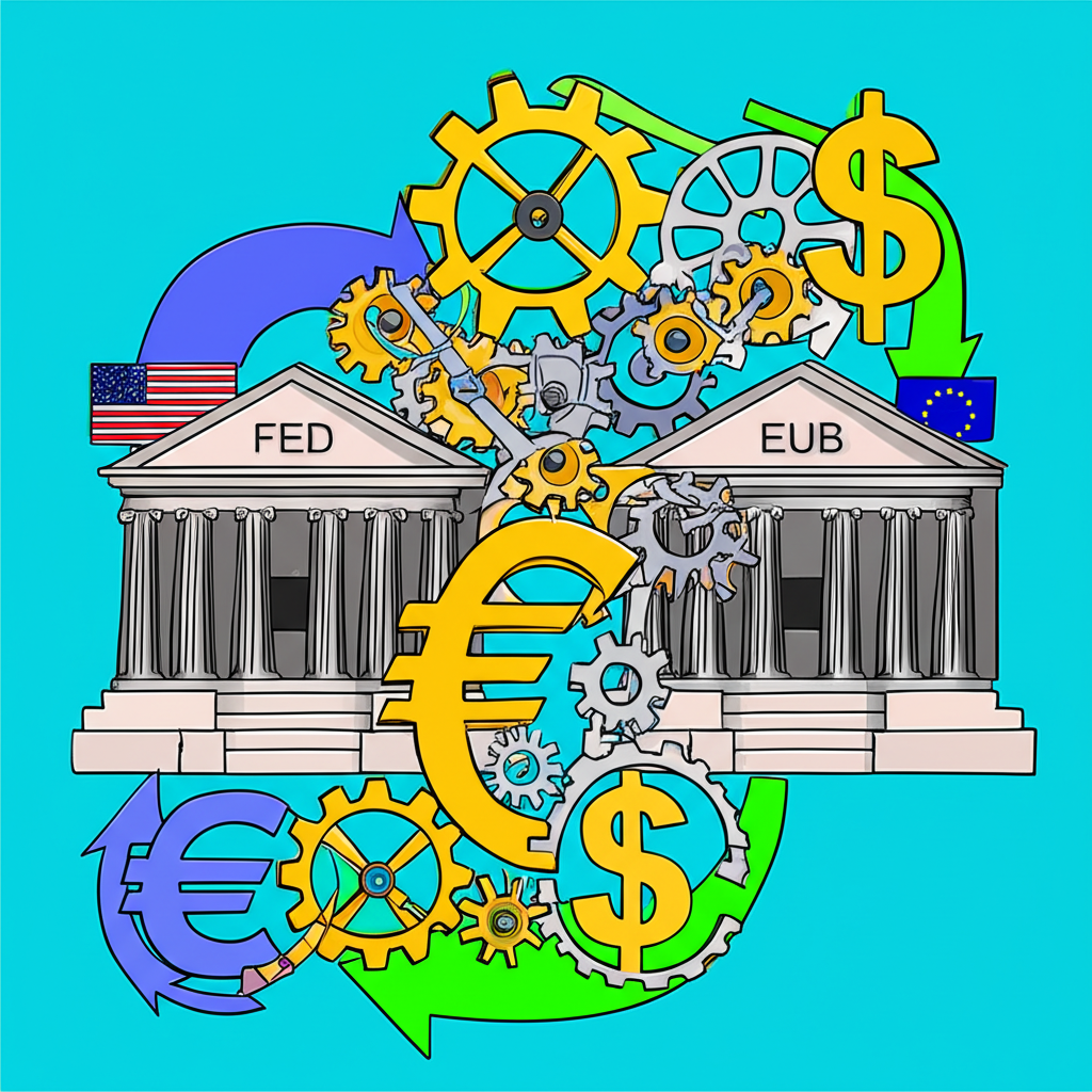 美聯儲與歐洲央行貨幣政策差異的插圖,顯示利率差異及資本流動影響歐元美元平衡