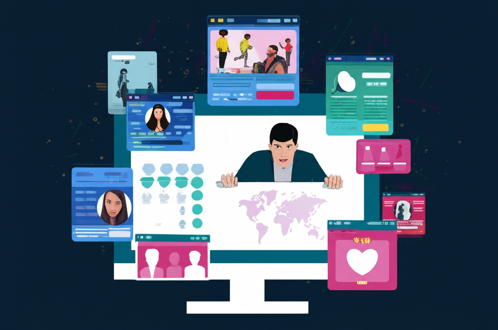 illustration of a cunning scammer behind a computer screen with various digital interfaces like social media dating apps and fake trading platforms luring victims into a gold investment trap