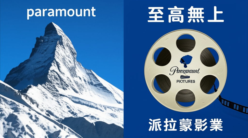 插畫風格，一座雄偉山峰象徵Paramount至高無上的意義，旁邊有復古膠捲代表派拉蒙影業與串流服務，並以中文標註兩種含義