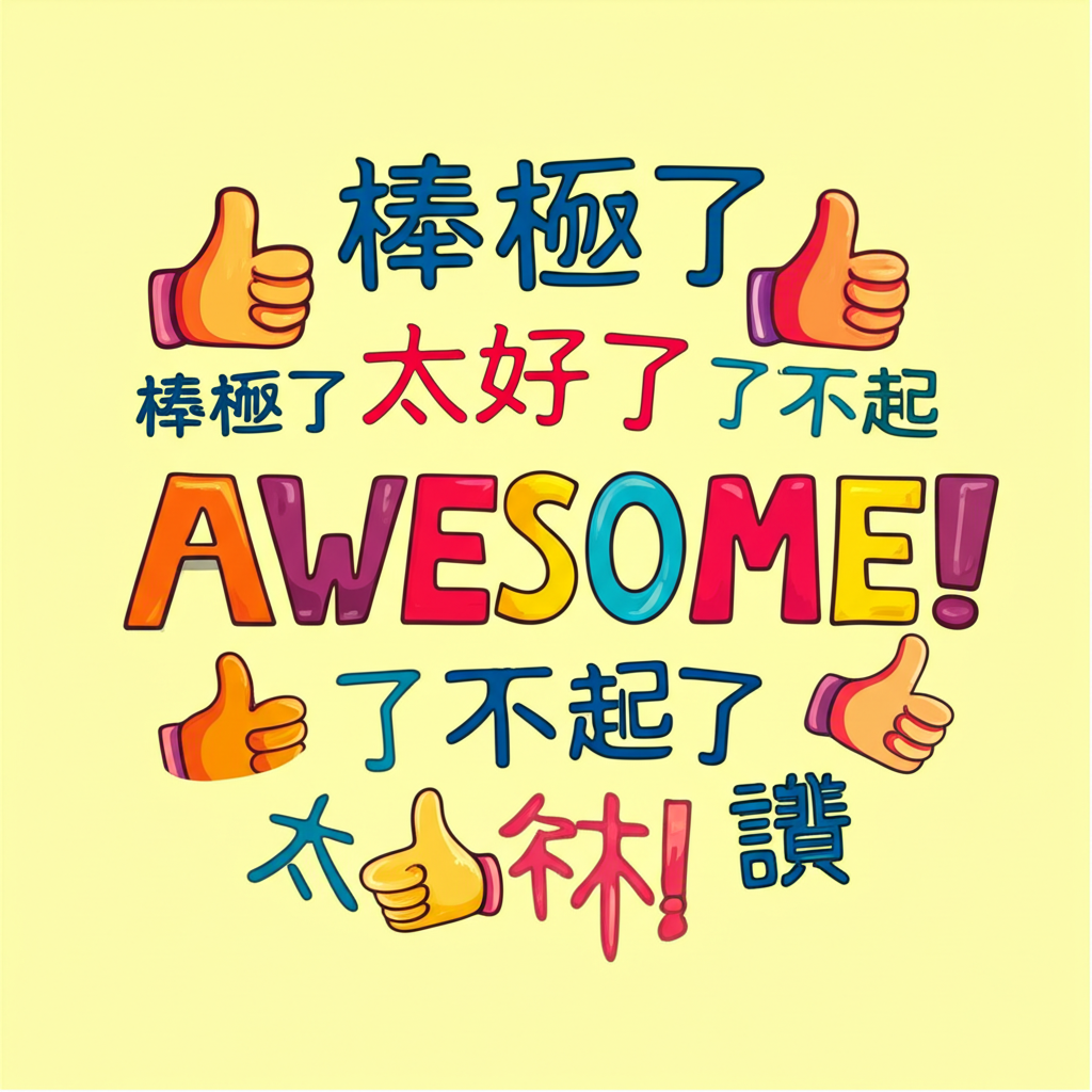 正面中文詞彙如棒極了、太好了、了不起、讚環繞著awesome一詞，動感排列表達強烈讚許，以明亮快樂的色彩呈現