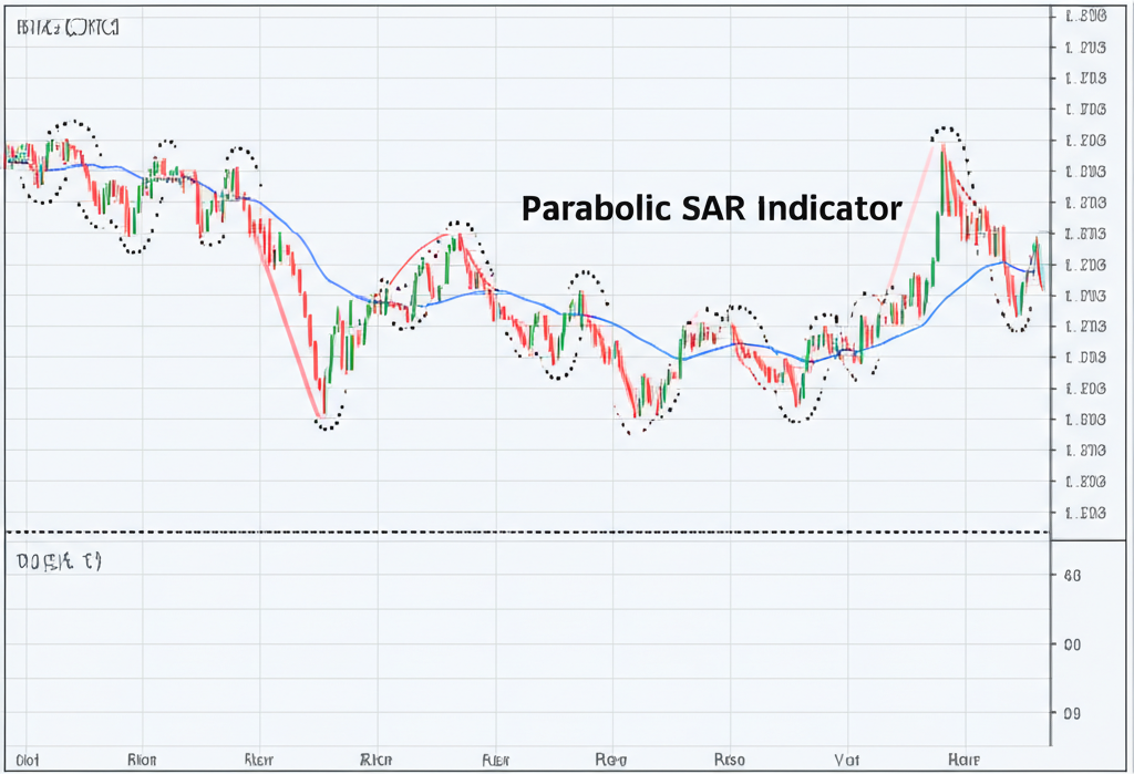 An illustration of the Parabolic SAR indicator on a stock chart showing its unique parabolic dots tracking market trends and identifying potential reversal points like a stop and reverse mechanism for trading strategy