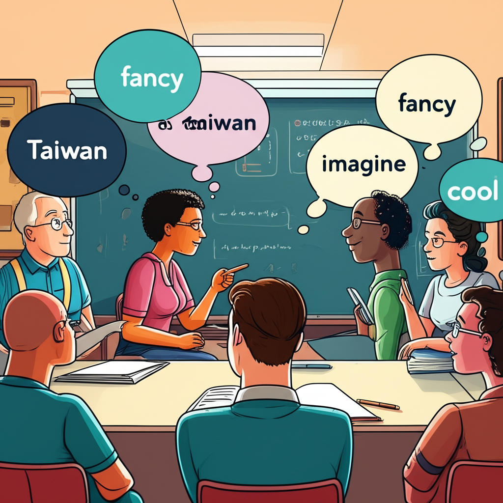 來自台灣與香港的學習者在生動的課堂環境中探索「fancy」的多重含義,對話氣泡中浮現精緻、高級、想像與酷炫等概念