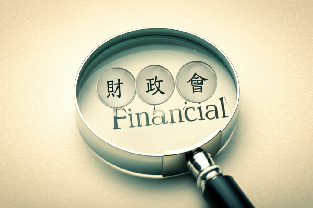 放大鏡突出Financial一詞，周圍三個氣泡顯示金融、財政和財務的中文字符，展現精準與清晰