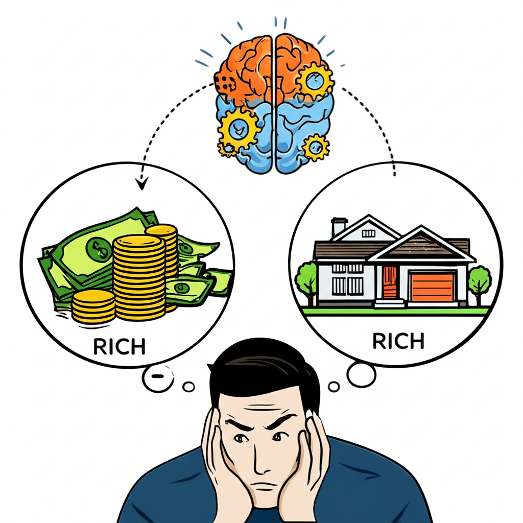 人對wealthy和rich混淆的插圖，顯示金錢、資產和財富哲學理解路徑