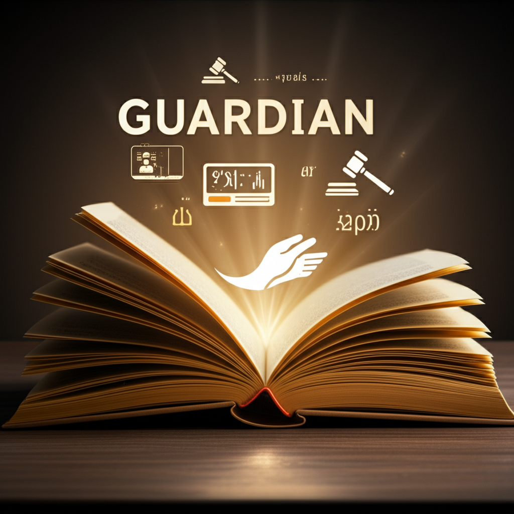 一本打開的書發出光芒,展示guardian的不同面向,包括法律、新聞、流行文化和發音提示,伴隨著引導之手
