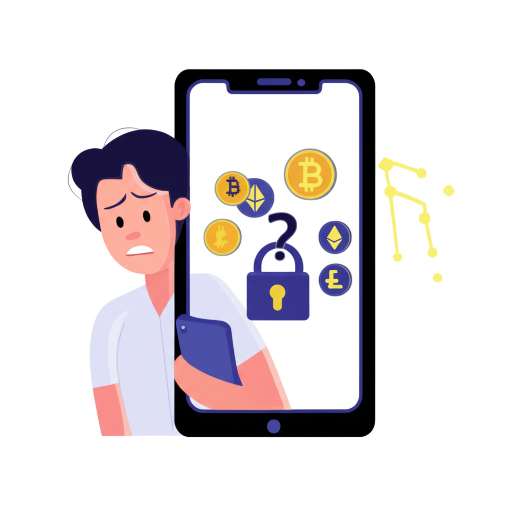 一位用戶憂心忡忡盯著手機畫面，周圍環繞鎖頭圖示、問號與加密貨幣符號，象徵資產安全的疑慮