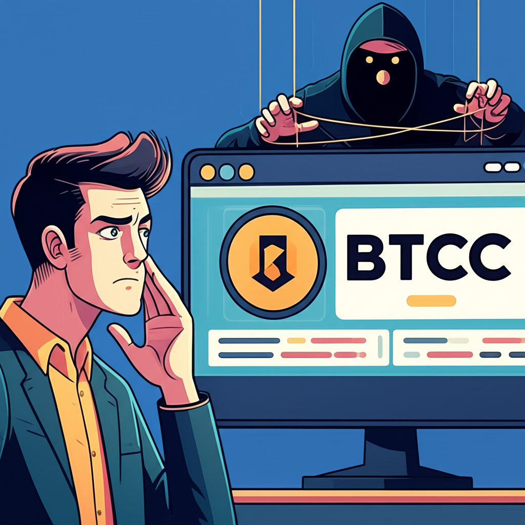 困惑投資者面對假冒BTCC加密交易所網站的插圖，背景有陰影人物操縱線索代表品牌冒用詐騙