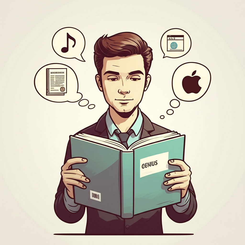 一本名為 Genius 的書籍,內容涵蓋詞典、音符、網站圖示與 Apple 標誌,象徵其多元應用