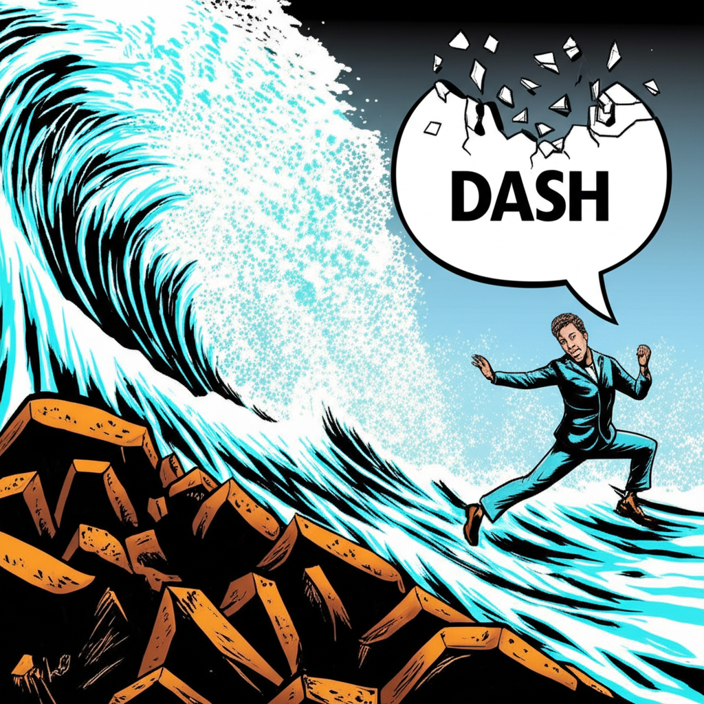 illustration of a dynamic scene with a person running quickly, a powerful wave crashing against rocks, and a shattered dream bubble representing the verb dash