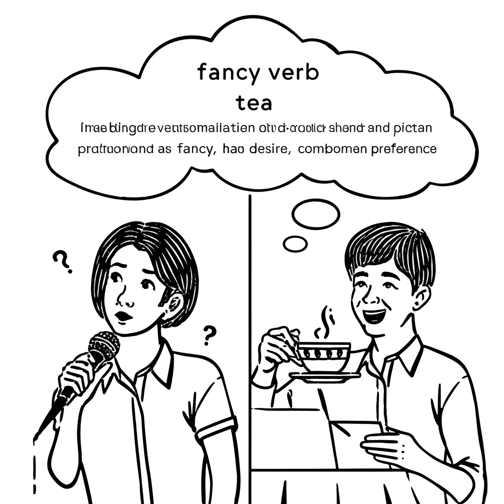 插圖展示兩種情境:一人想像自己是歌手並露出懷疑表情,另一人則愉悅地想要一杯茶,呈現fancy作為動詞的雙重意義