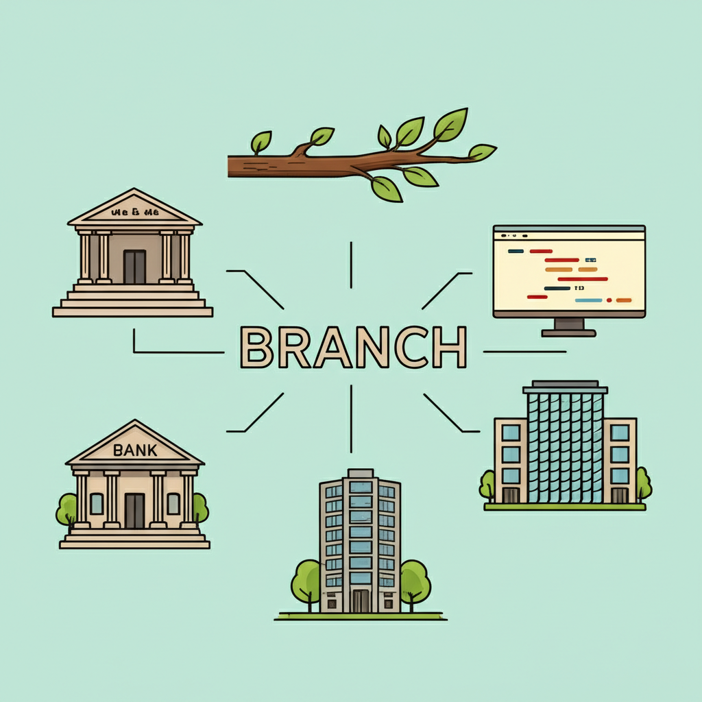 Illustration of diverse scenes with branch connecting tree branch, bank building, corporate office, and code branches