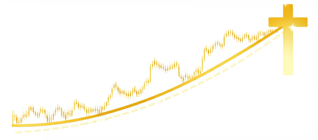 An illustration depicting the formation of a golden cross on a stock chart showing a price bottoming out and then rising as a short term moving average line crosses above a long term moving average line signifying a shift from selling to buying dominance