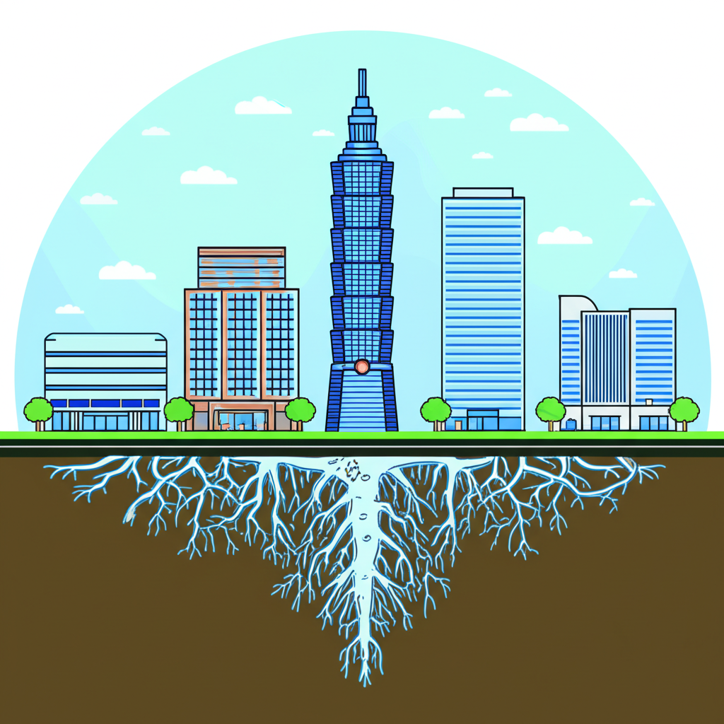 中陽集團多元化企業插圖，象徵台灣建築零售休閒投資領域，體現誠信創新與共好價值，為社會創造美好生活