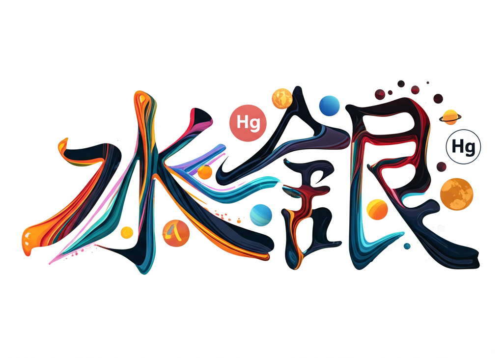 Mercury一詞的風格化插圖，展現其多重象徵，包括行星、化學符號、有翼神明和品牌標誌，反映在中文文化與科學中的多元含義