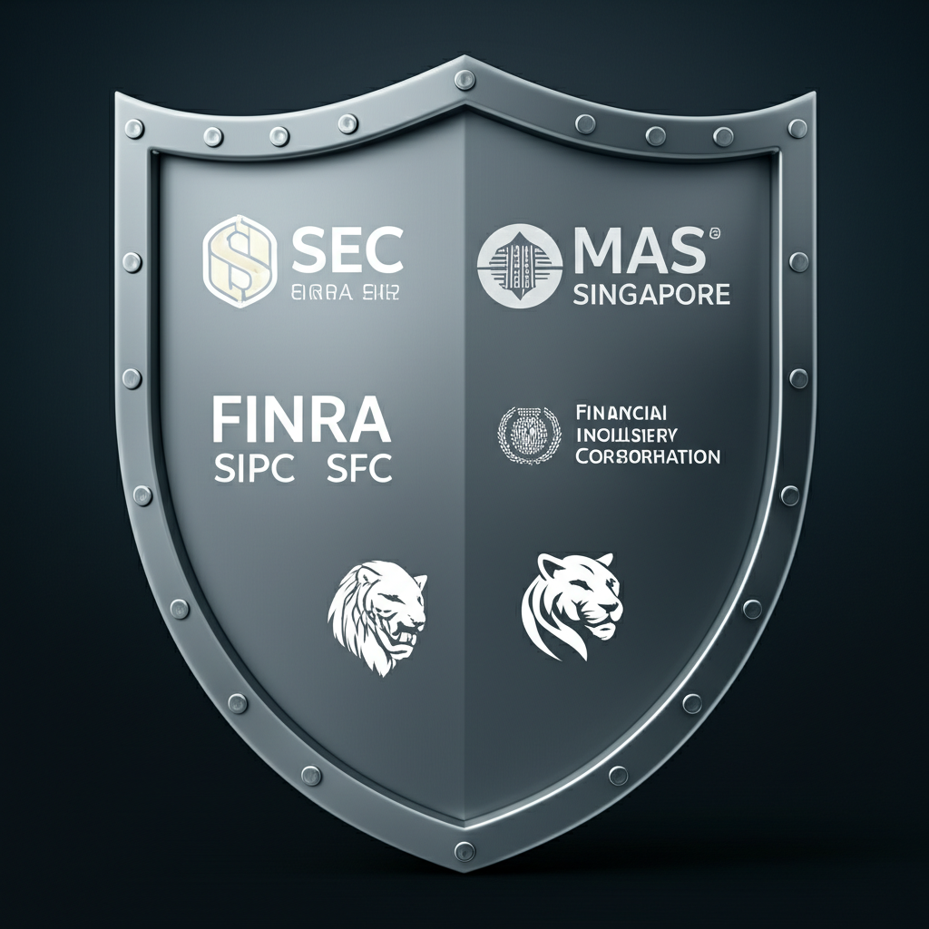 安全盾牌圖示，飾以SEC、FINRA、SIPC、SFC及MAS等全球金融監管機構標誌，代表老虎證券嚴格合規與投資人資金保護