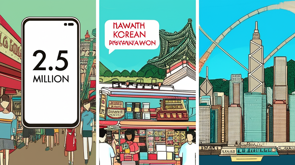 插圖：分鏡畫面展示250萬韓元在台灣購買智慧型手機、在韓國支付一個月生活開銷、在香港購買奢侈品，背景包含各地地標