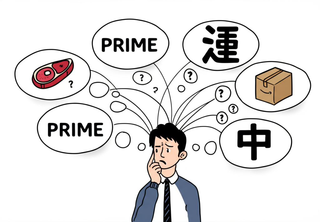 一個人困惑於 'prime' 單字的多重意義，包括數字、牛排、時鐘和包裹的插圖，代表其多樣應用與翻譯挑戰