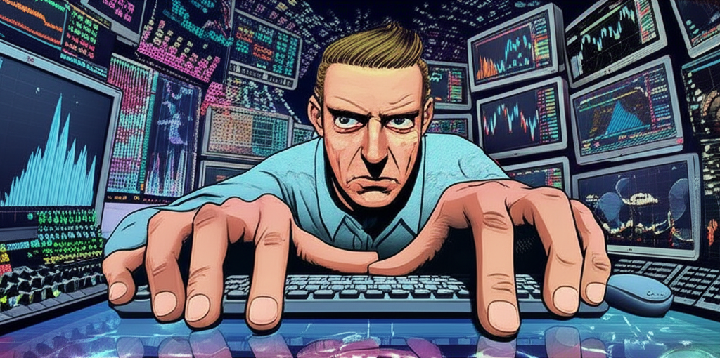 stressed trader with oversized fingers causing fat finger error in high frequency trading