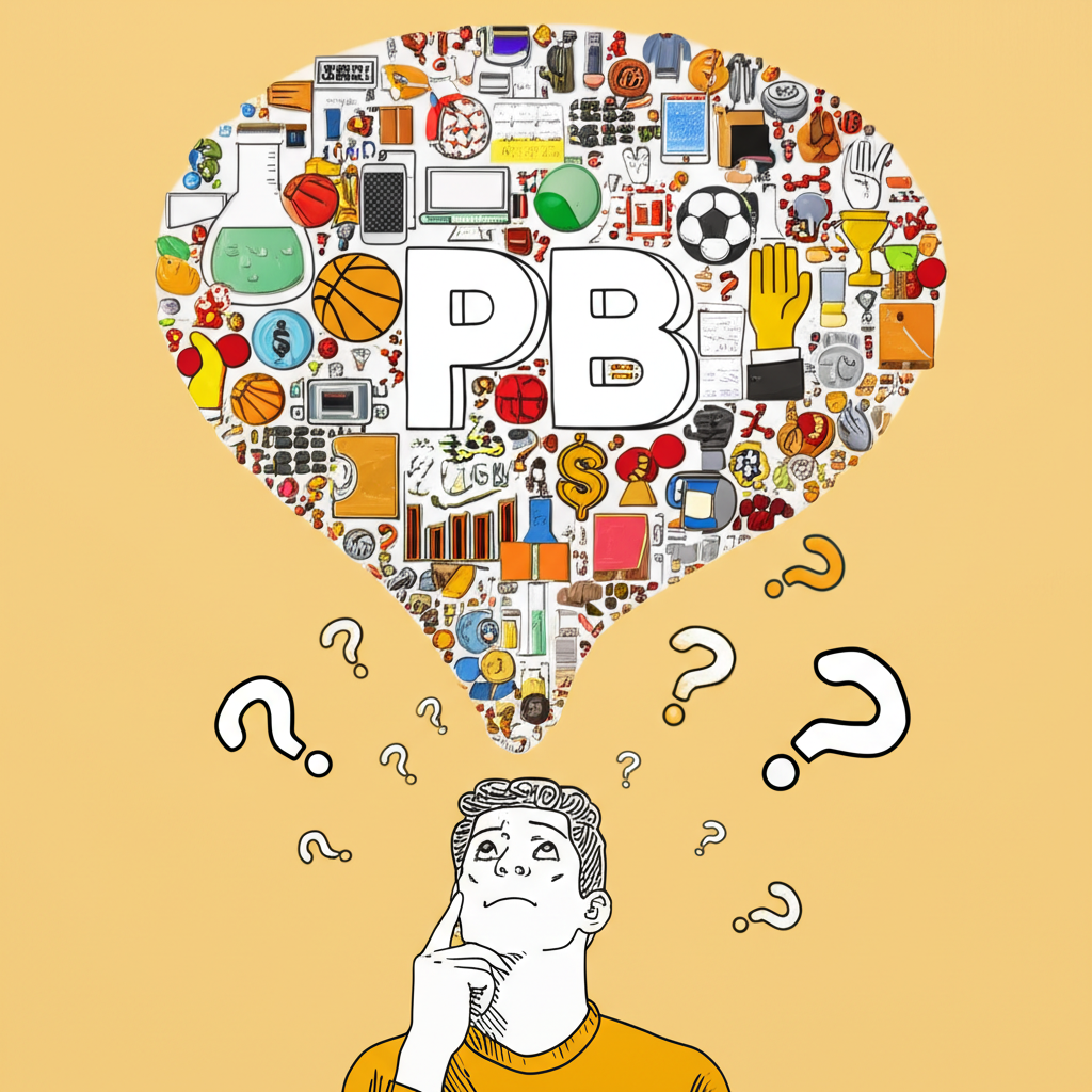 一個人困惑地看著 PB 相關符號的插圖，包括金融、運動、科技、化學和粉絲文化的元素
