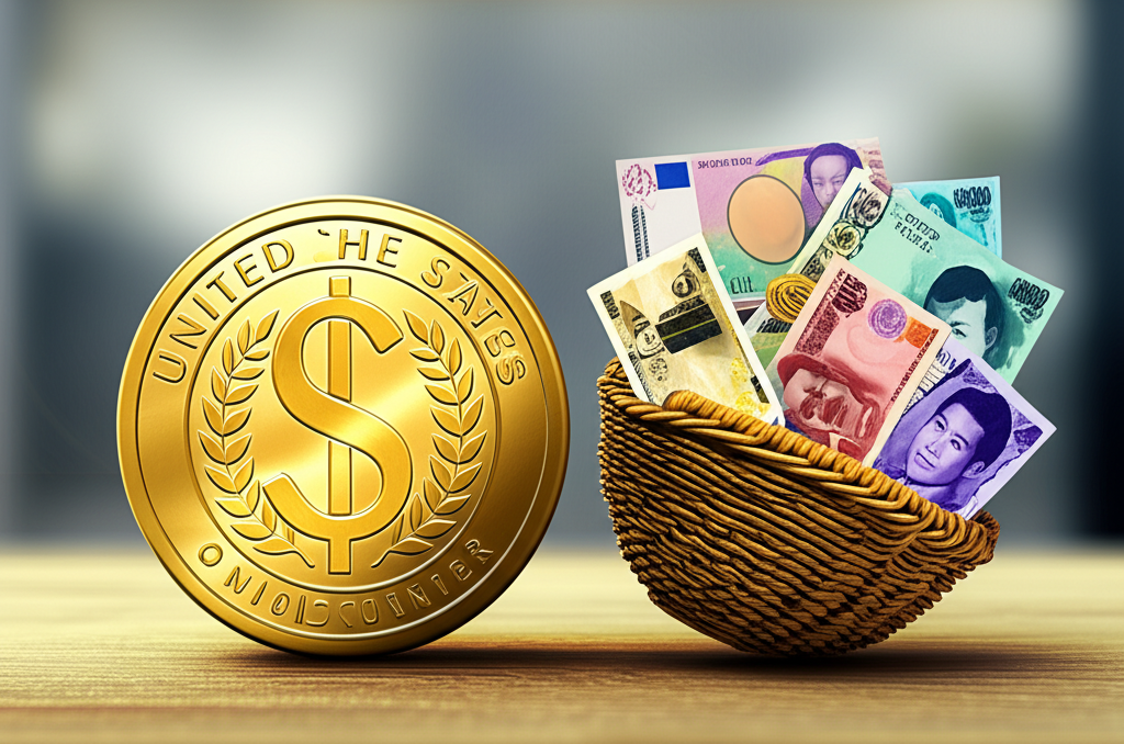 美元指數DXY與全球貨幣籃子的平衡示意圖,象徵其在貿易與投資策略中的全球金融市場重要性