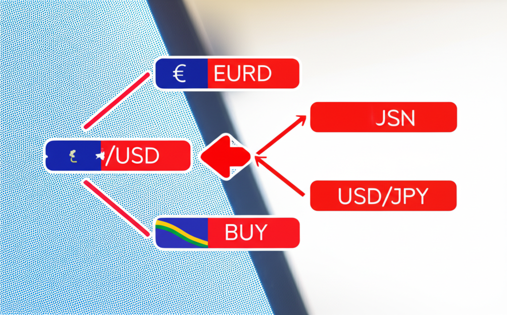 貨幣對如EUR/USD和USD/JPY的圖示，由國旗代表在數位螢幕上交換價值，箭頭顯示買賣動作適合新手