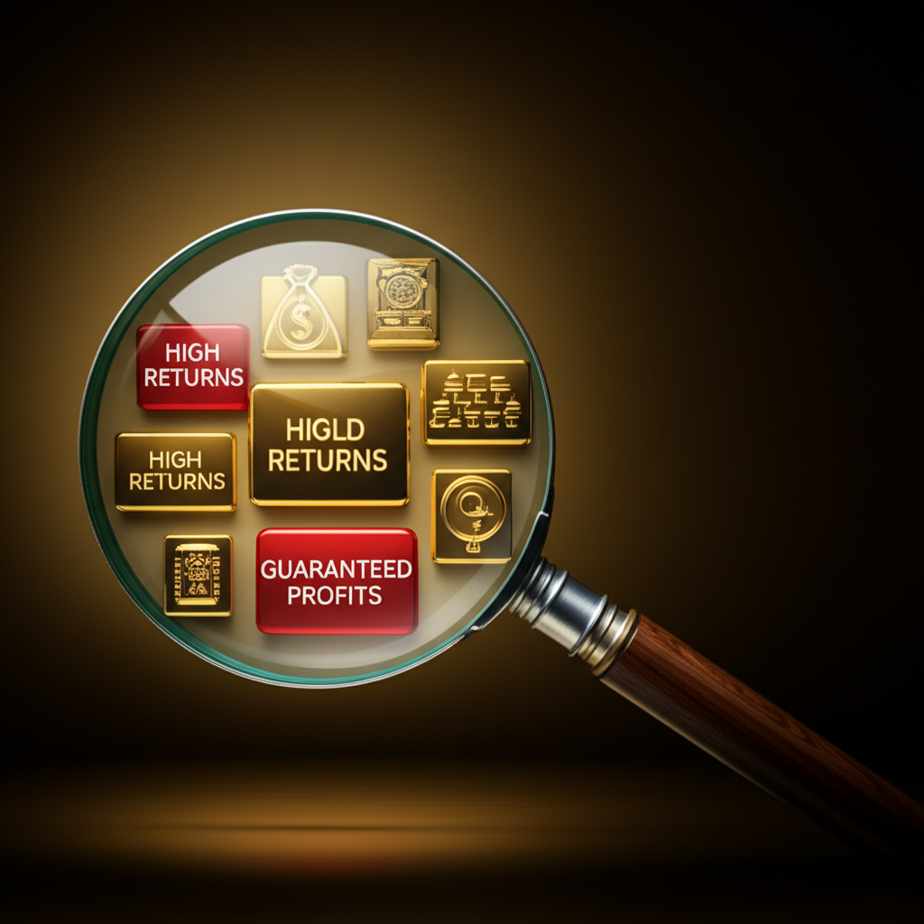 illustration of a magnifying glass examining different gold scam methods with high returns and guaranteed profits highlighted as red flags in a dark deceptive environment