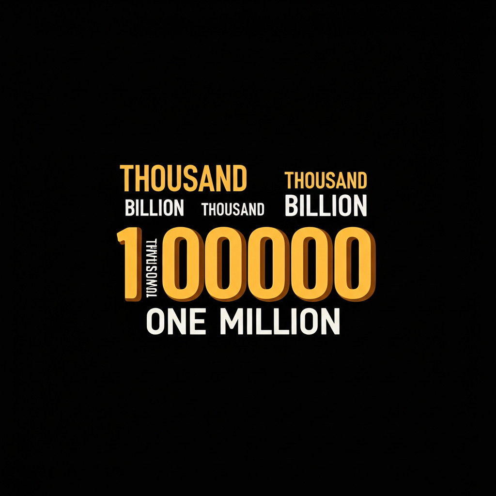 一個巨大的粗體數字1000000醒目地矗立，下方標示『One Million』，周圍環繞著『thousand』與『billion』等單位，呈現清晰的數值階層