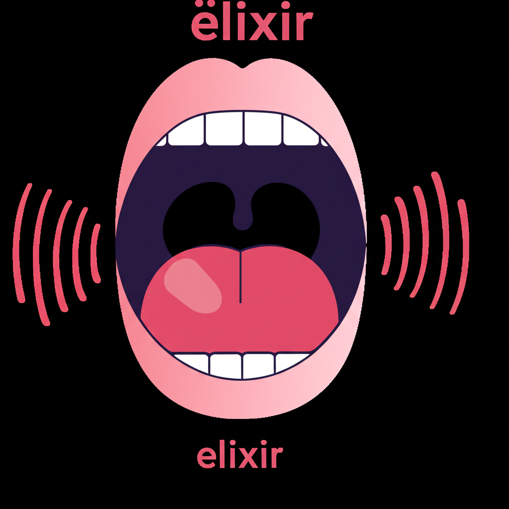 造型化嘴巴發出 Elixir 發音的插圖,伴隨音標與聲波,示範正確發音方式