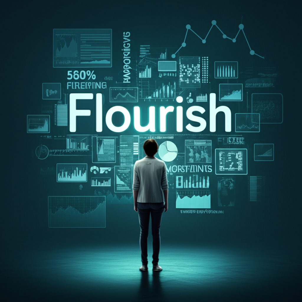 插畫：一個人被漂浮的詞彙與數據視覺化環繞，中央發光的「Flourish」字樣象徵其多重含義，風格為導覽式插畫