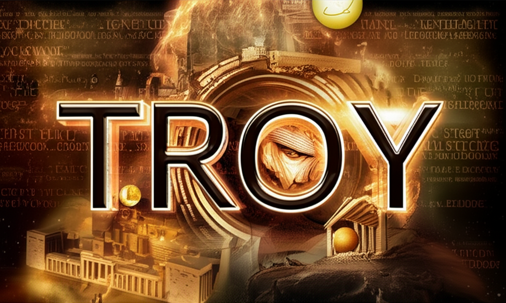 Troy多重宇宙概念圖：融合古代文明、英雄史詩、現代人名與貴金屬單位的視覺呈現