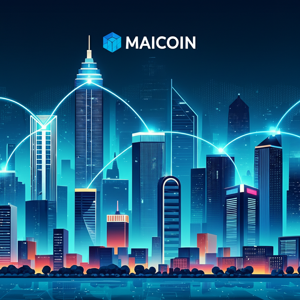 充滿活力的數位城市天際線，區塊鏈連接建築物，並突出 MaiCoin 標誌，代表台灣領先的加密貨幣平台在數位金融中的角色