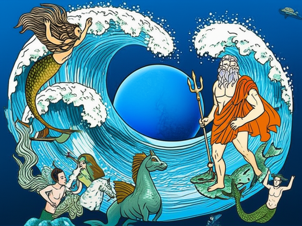 插圖描繪深藍色海王星與手持三叉戟的羅馬海神，周圍環繞海浪與神話生物，象徵其命名淵源
