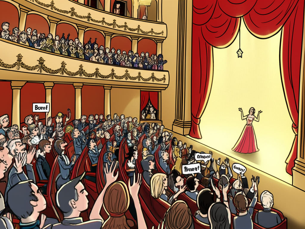 elegant opera house with audience standing ovation shouting Bravo