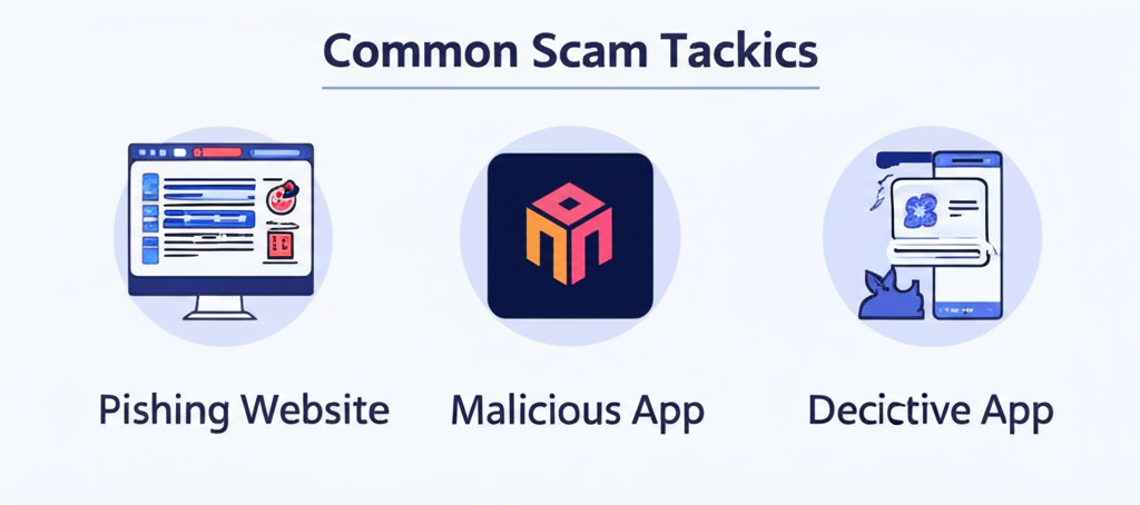 imToken 常見詐騙手法插圖,包括釣魚網站、惡意 App 與社群訊息
