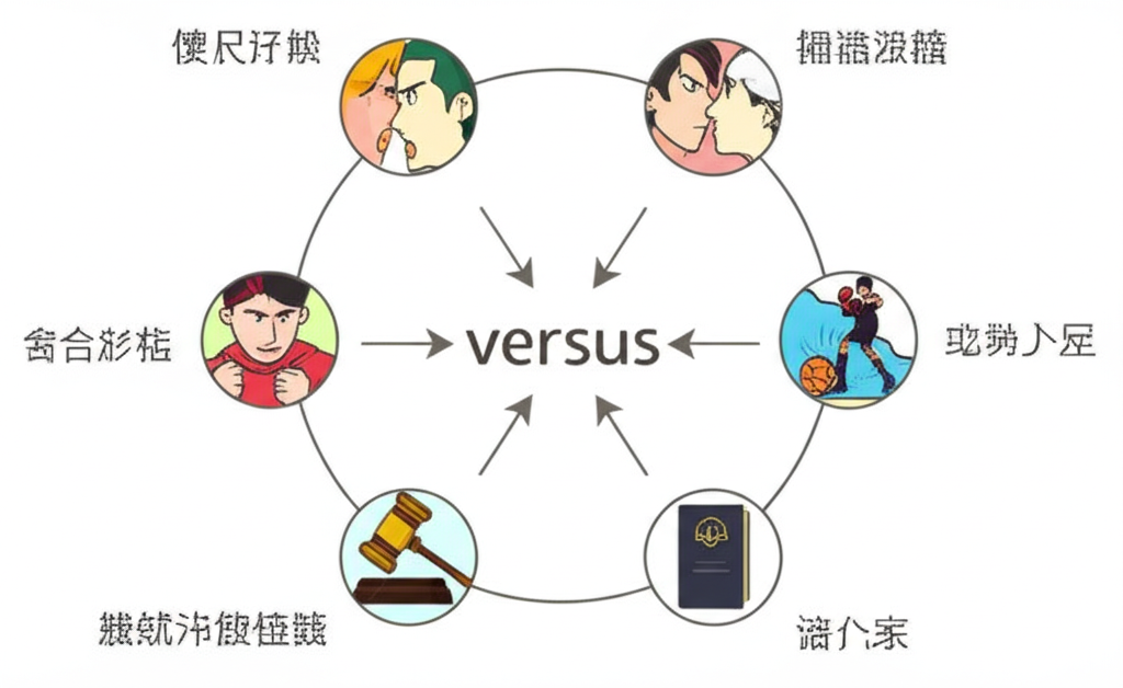 圖示「versus」作為介詞的基本定義，源自拉丁文，意為「轉向」，包含其常見中文翻譯：對抗、比較、體育對陣、法律訴訟