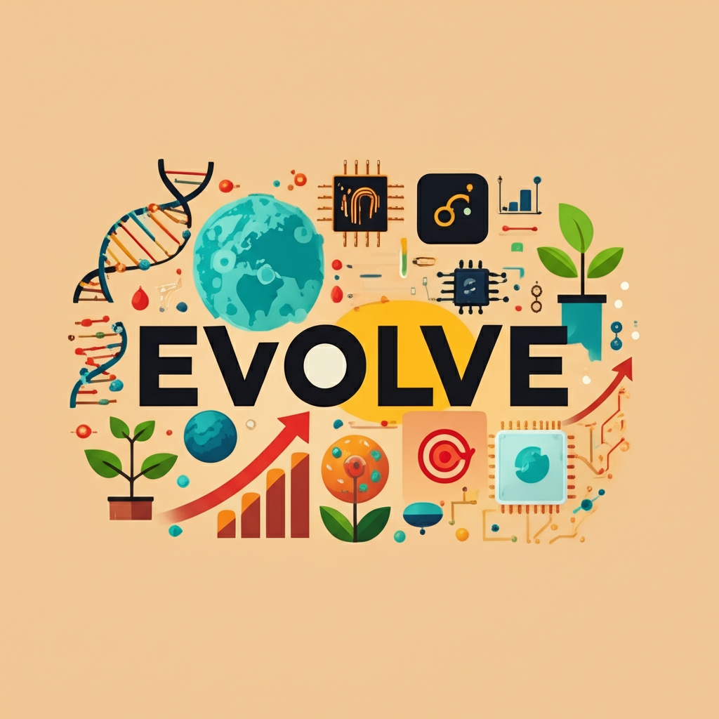 Evolve 單字在不同領域的應用概念圖，包含生物、科技、個人成長與品牌象徵