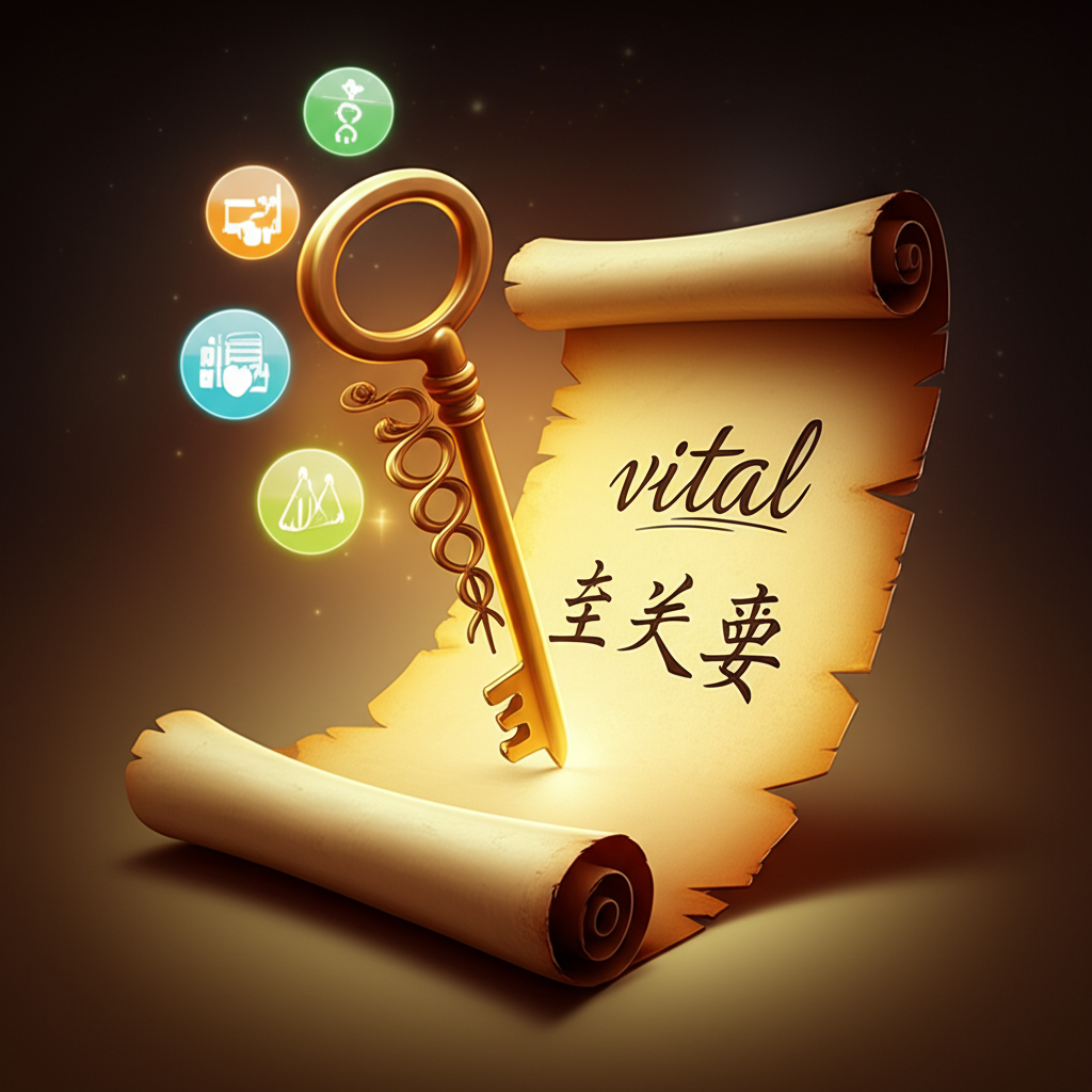 解鎖 vital 詞彙意義的插圖，包含英文與中文，環繞醫學、商業、科技圖標，強調其多樣應用與學習重要性