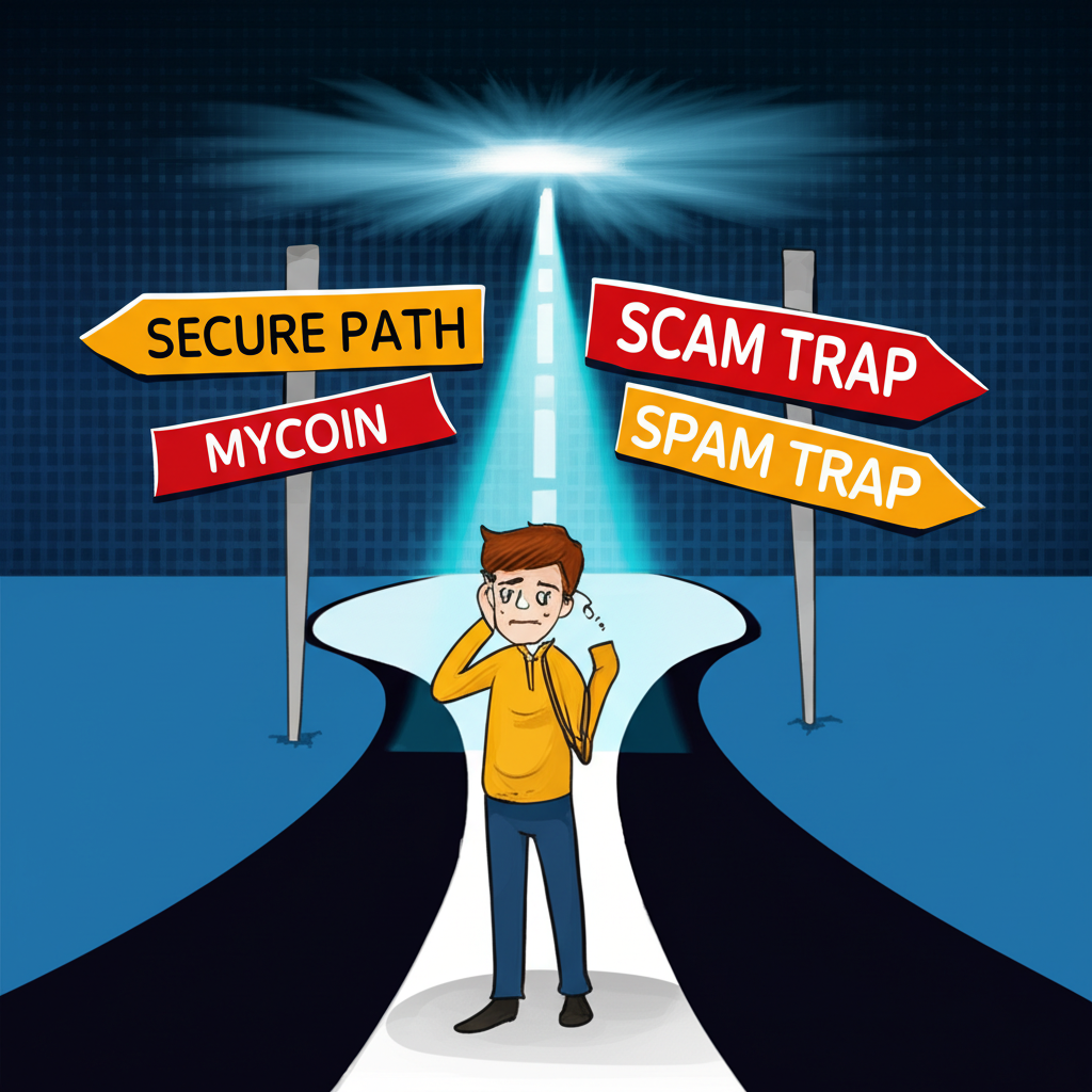 一個人困惑於多個標示 mycoin 的路標，有些通往安全通道，有些落入危險陷阱，象徵加密貨幣名稱歧義與詐騙防範意識