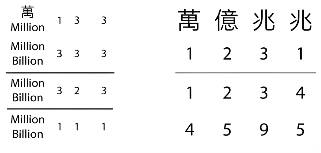 兩個不同數字系統並列顯示，一側是三位數字組以逗號分隔並標註 Million Billion，另一側是四位數字組與中文字符如萬 億 兆，突顯對比