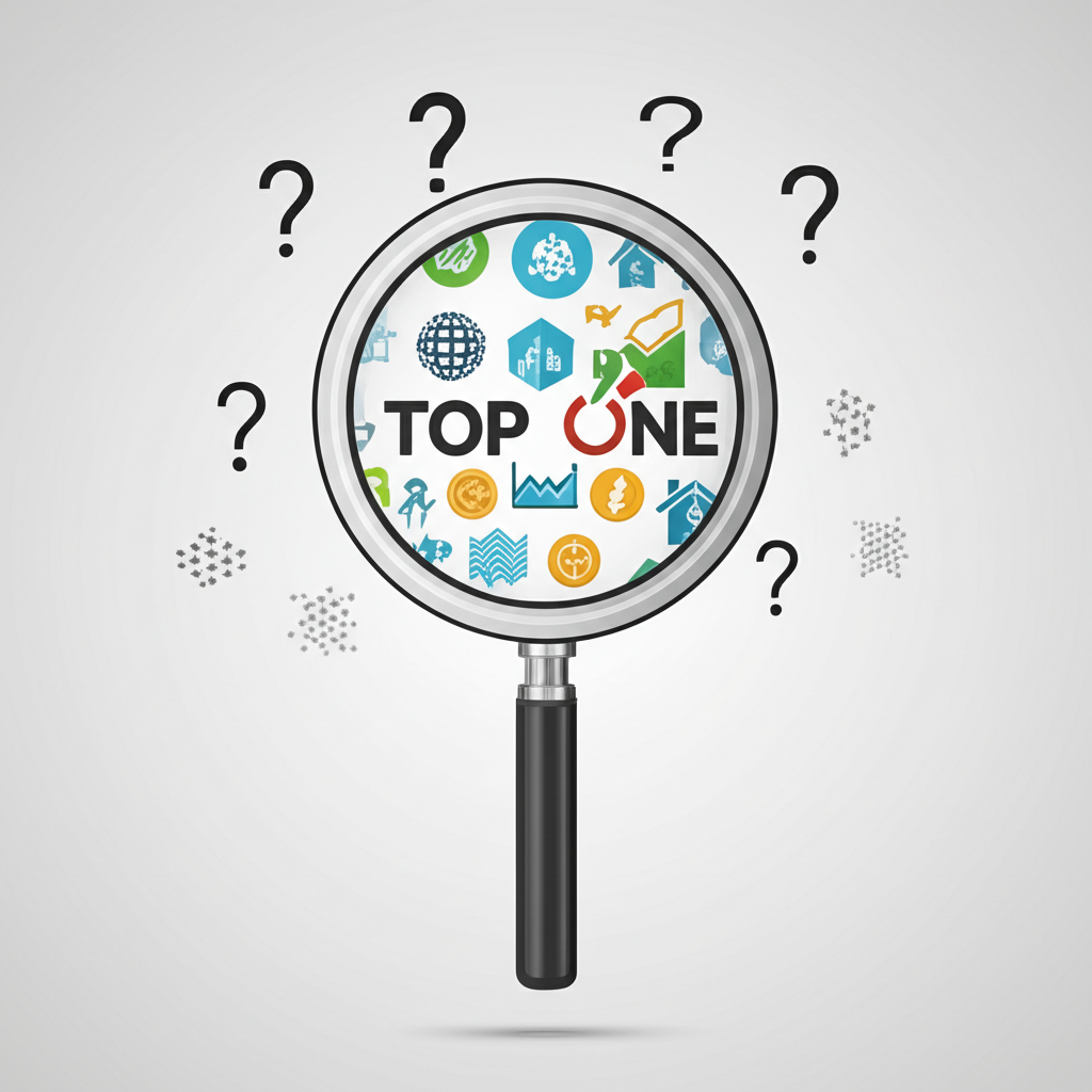 illustration of a magnifying glass searching through various icons representing real estate crypto services and products all labeled top one with question marks floating around