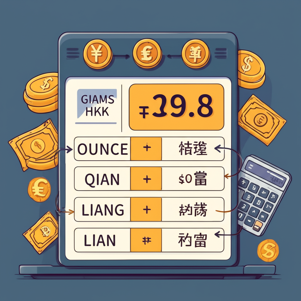 鉑金計價單位換算圖表,包含盎司、克、錢與兩的數值轉換與計算方式