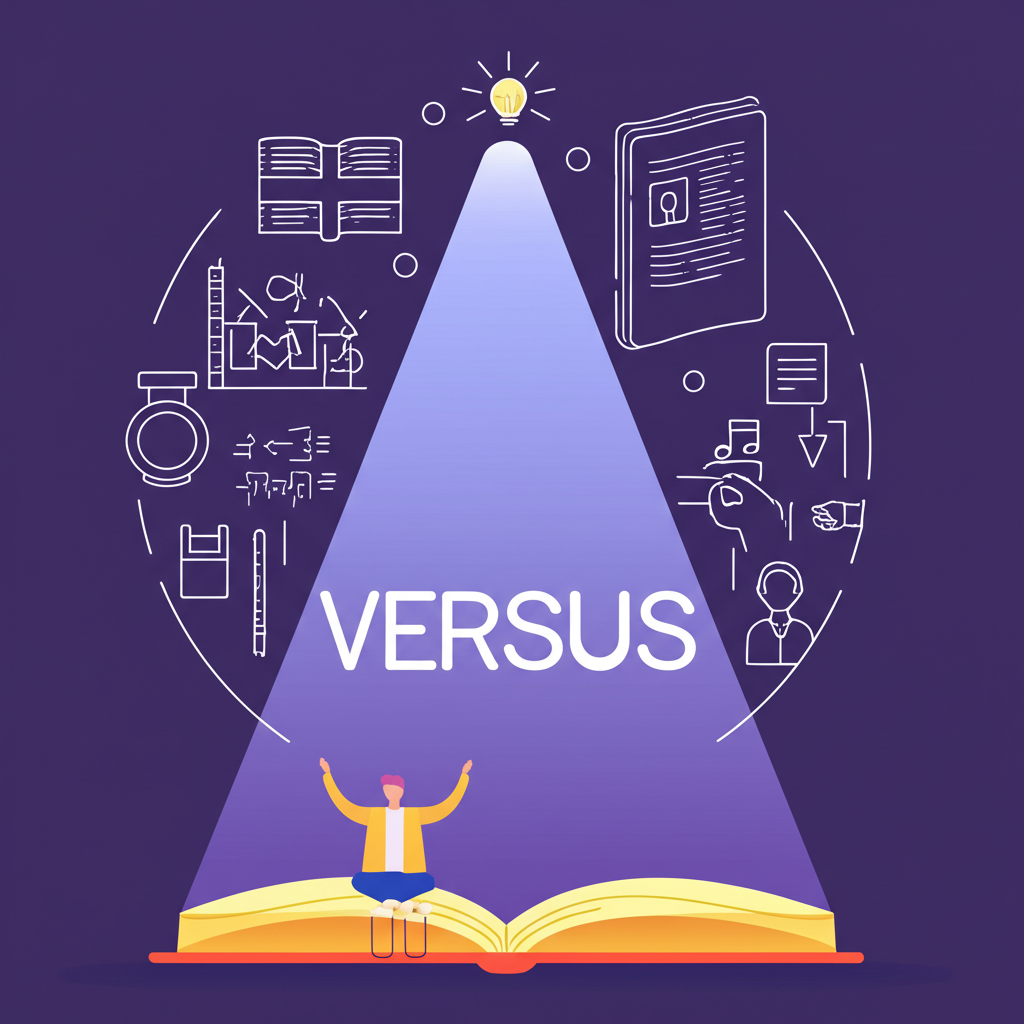 一位學習英文的人被各種象徵「versus」不同語境與細微差異的符號包圍，聚光燈聚焦在「versus 中文」字樣上，象徵全面理解與語言能力提升