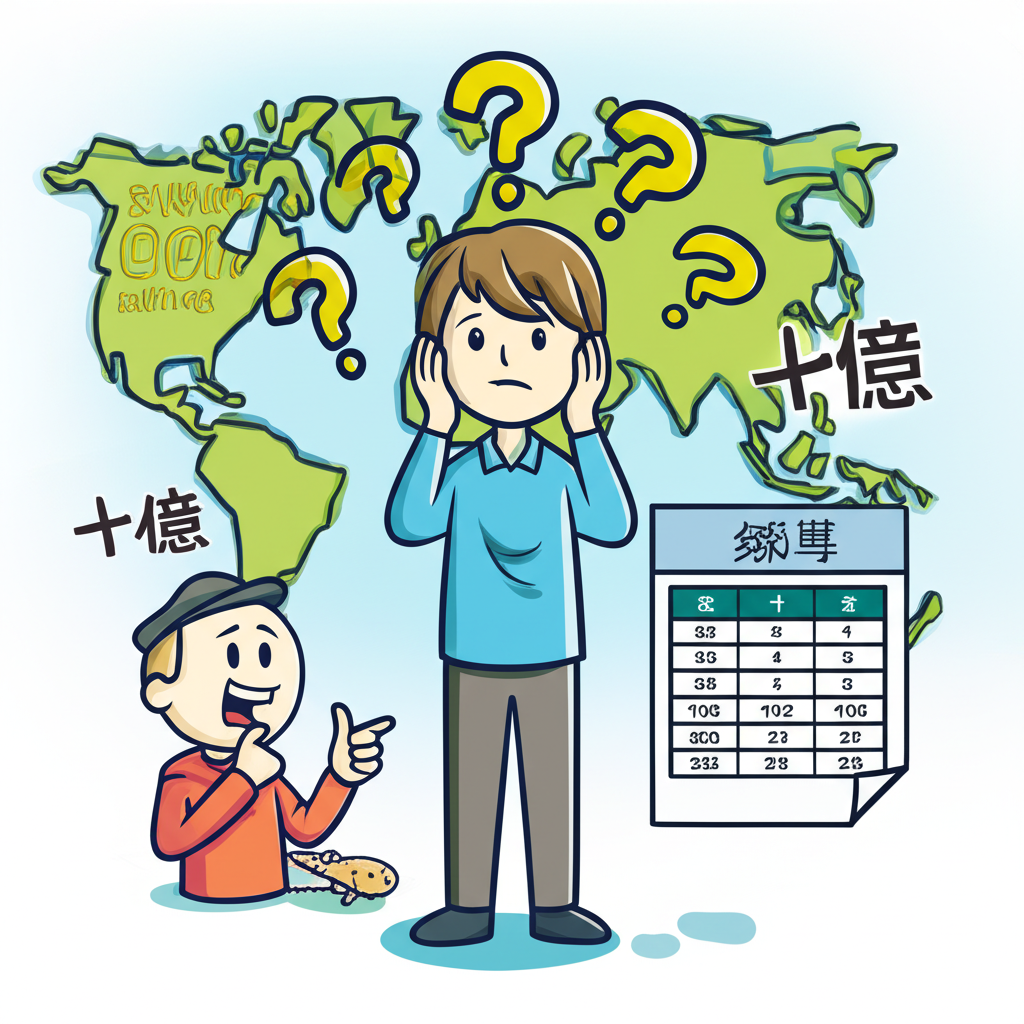 困惑的人周圍浮動英文大數字如 Billion 和中文字符如十億，背景是世界地圖並有問號，一位友好指引者指向清晰的轉換圖表