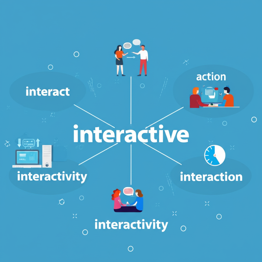 互動詞彙家族插圖，以interactive為中心分支至interact動詞、interaction名詞及interactivity名詞，描繪人們溝通、電腦互動及參與度量表