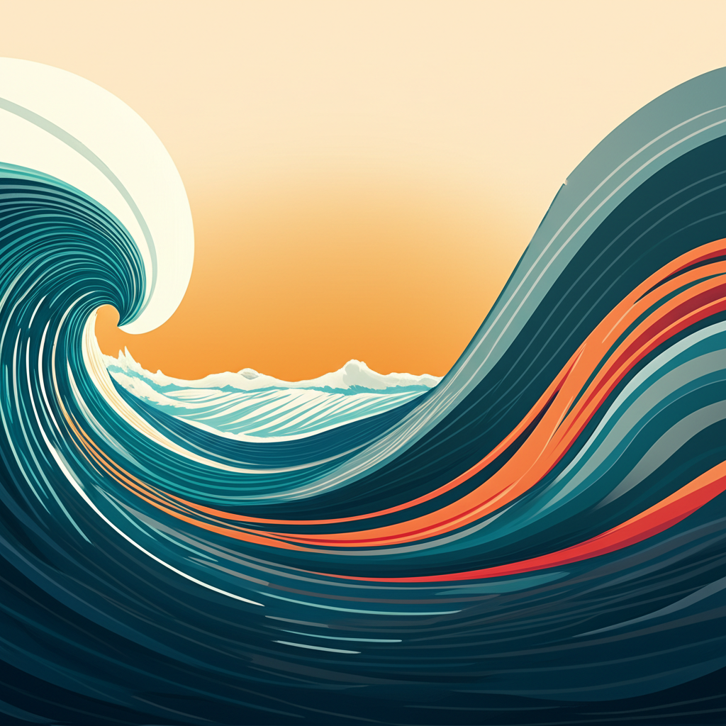 Illustration showcasing the evolution of the word tide as a noun from a literal ocean wave transitioning into abstract representations of societal trends and powerful forces