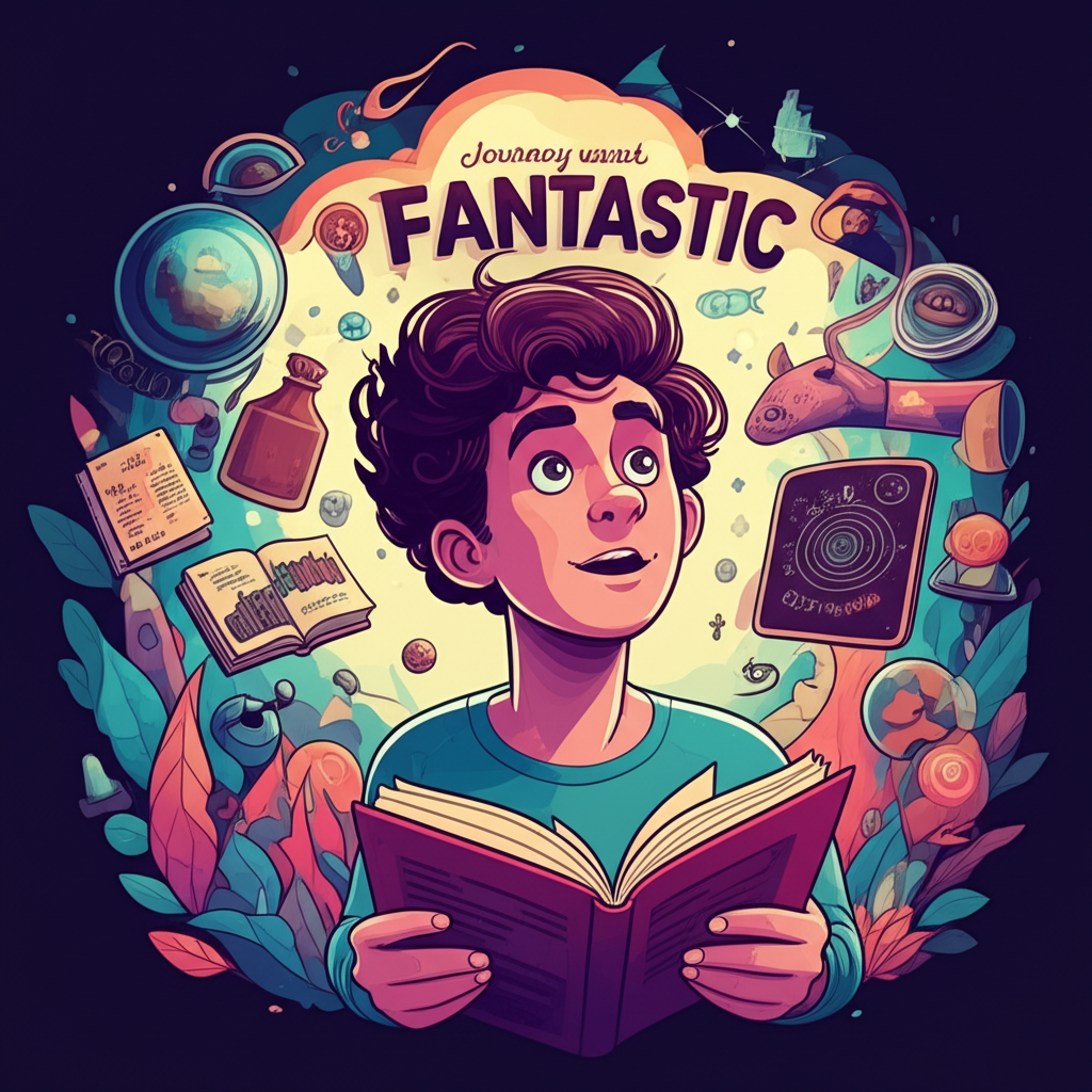 illustration a person discovering the diverse meanings of the word fantastic beyond just good a journey into nuanced English expression with vibrant colors and imaginative elements