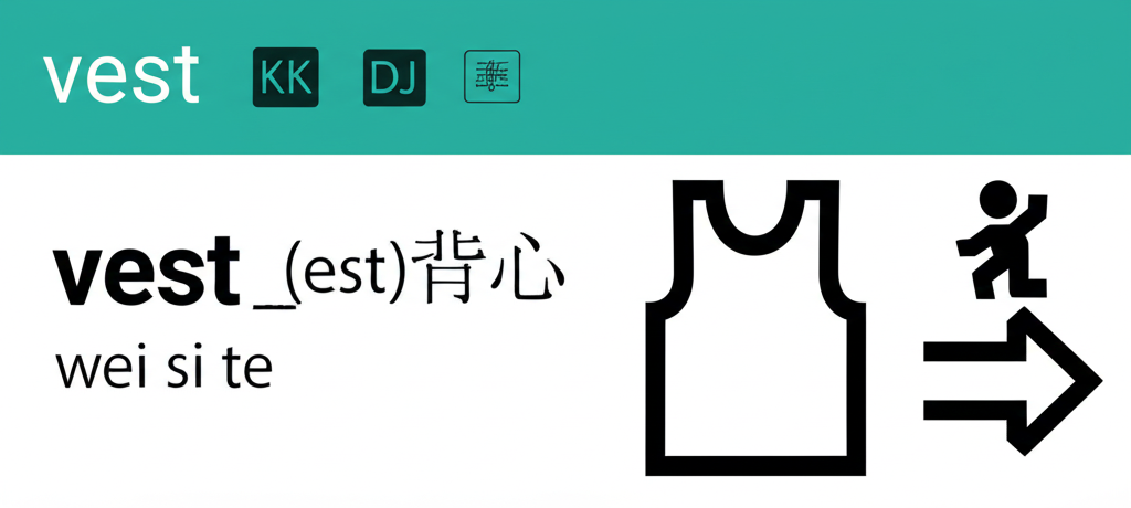單字 Vest 的字典條目插圖,包含 KK 和 DJ 音標轉寫,以及中文近似發音 wei si te,旁邊有簡單背心圖形和動詞動作的抽象符號